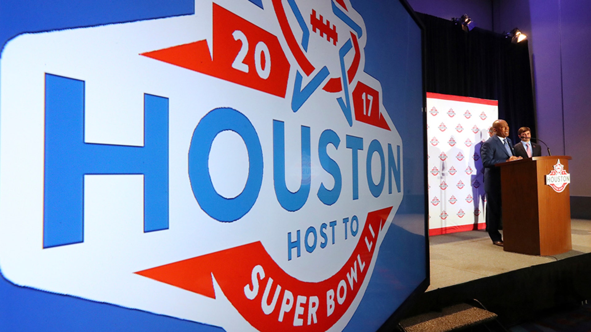 Houston Mayor Sylvester Turner addresses the audience as the Houston Super Bowl Host Committee hosts a 