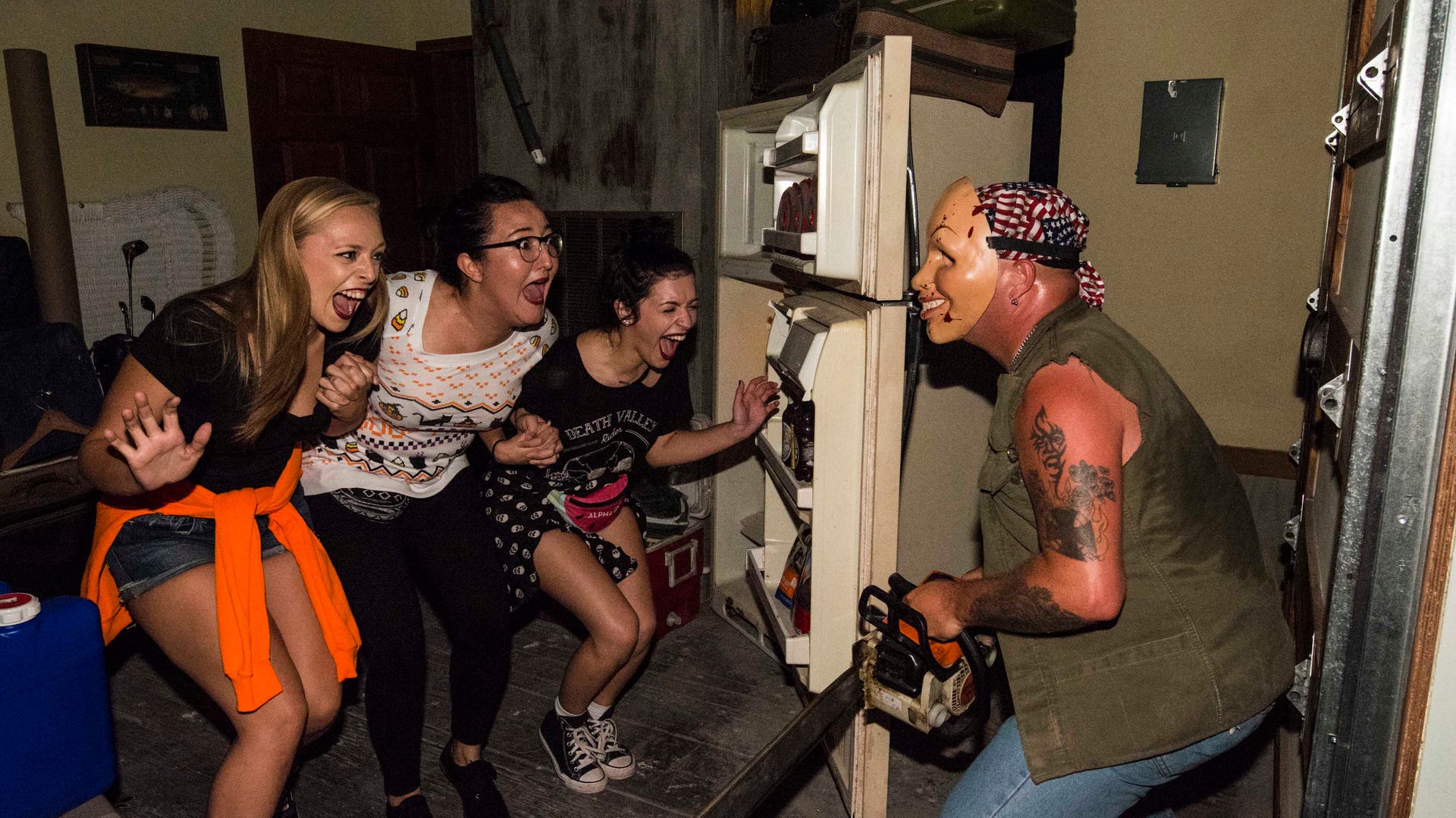 Guests scream at a charcter from 