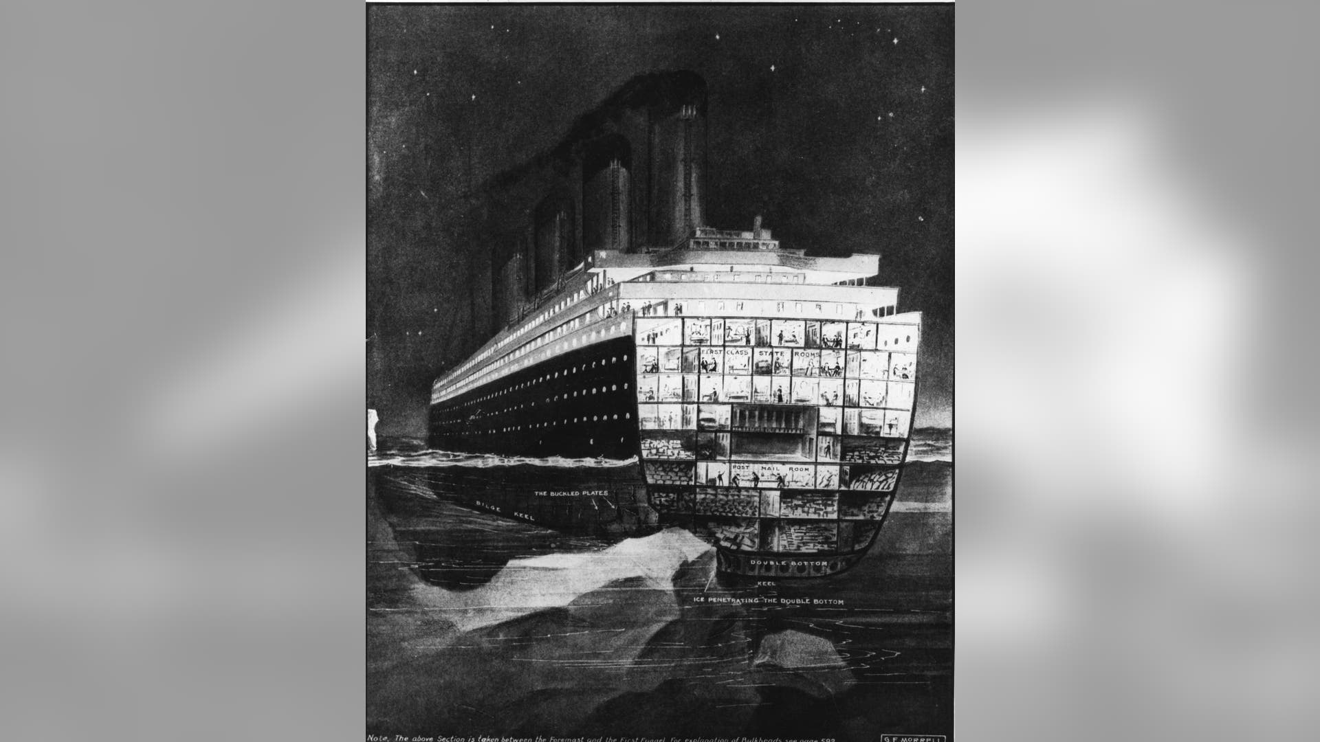 An illustration of the damage caused when the White Star liner 'Titanic' hit an iceberg during its maiden voyage, on 14th April 1912. The cross-section of the vessel shows the various compartments which flooded after the accident. Original publication: The Graphic - pub. 27th April 1912