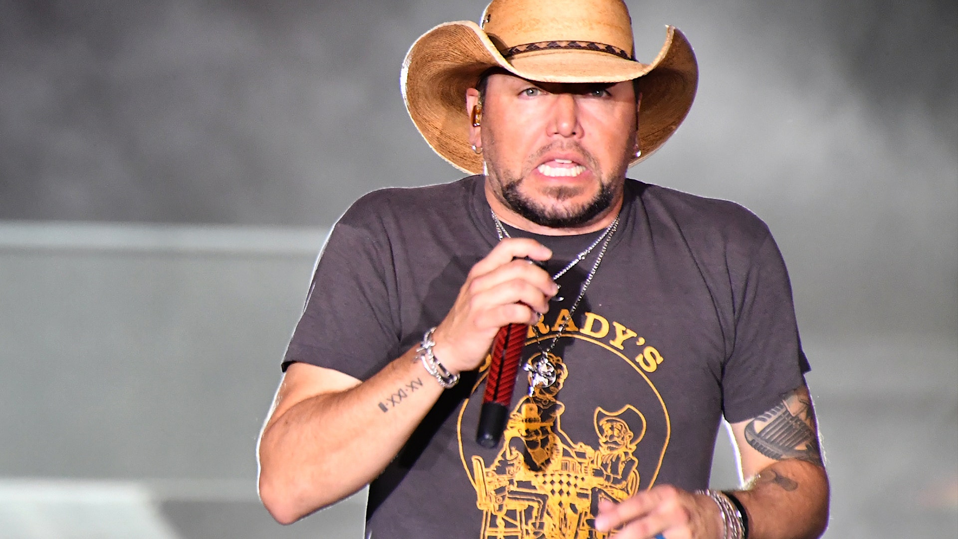 Recording artist Jason Aldean performs during the Route 91 Harvest country music festival, Sunday, in Las Vegas