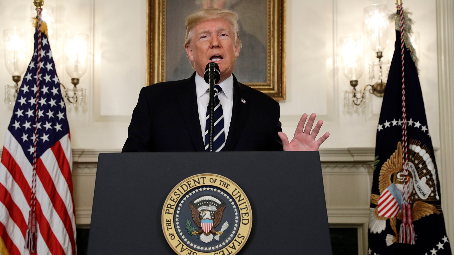 President Donald Trump makes a statement about the mass shooting in Las Vegas, Monday, at the White House in Washington