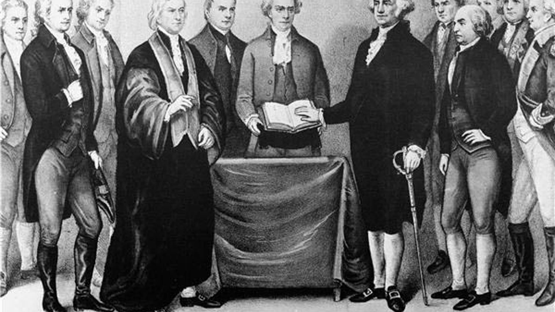 This Currier and Ives print is a reproduction of the scene at Old City Hall in New York as George Washington took oath of office on April 30, 1789.