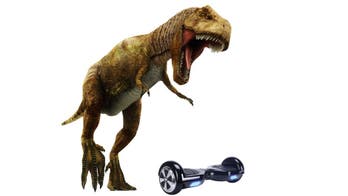 Ex-Colombia legend rides hoverboard in dinosaur suit