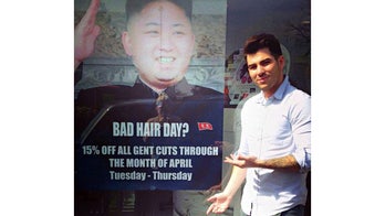 North Korean officials complain about UK salon owner's poster mocking Kim Jong-un's hairstyle