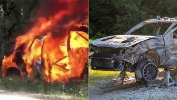 Helmet cam shows the moment rally car rolls and bursts into flames