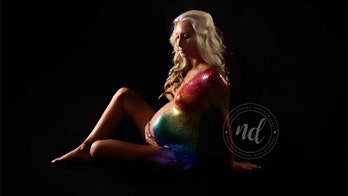 Mom honors stillborn daughter and unborn baby in glitter rainbow maternity photos