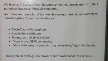 Pizza restaurant's unisex bathroom note goes viral