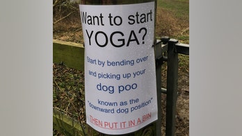 Funny sign suggests yoga enthusiasts bend over to pick up their dog poo