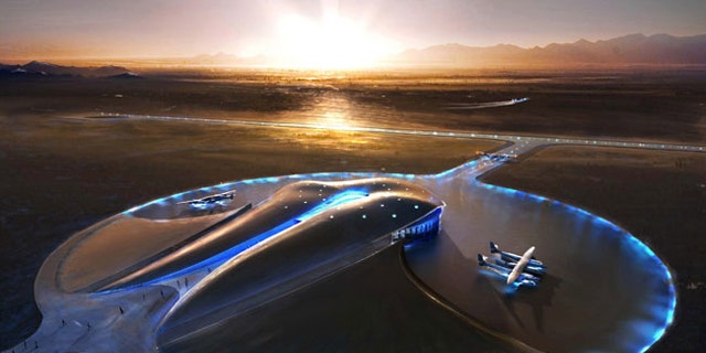 An artist's concept of Spaceport America, a suborbital spaceport under construction in New Mexico.