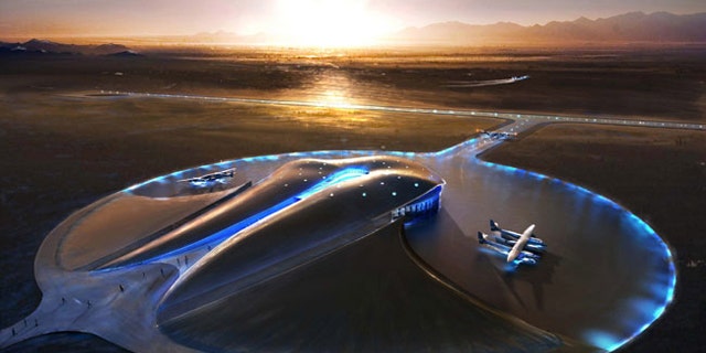 An artist's concept of Spaceport America, a suborbital spaceport under construction in New Mexico.