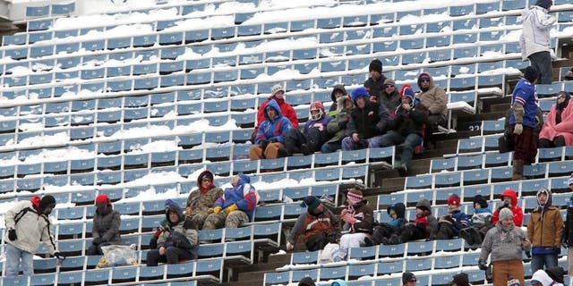 ORCHARD PARK, NY - DECEMBER 30: View of fans in snow-covered seats during the game against the New York Jets and the Buffalo Bills when the Buffalo Bills host the New York Jets at Ralph Wilson Stadium on December 30, 2012 in Orchard Park, New York. (Photo by Al Pereira/New York Jets/Getty Images)