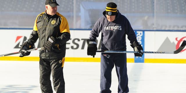 BOSTON, MA - DECEMBER 31 : New England Patriots head coach Bill Belichick and Boston Bruins head coach Claude Julien enjoy Practice Day on December 31, 2015 during 2016 Bridgestone NHL Winter Classic at Gillette Stadium in Foxboro, Massachusetts. (Photo by Steve Babineau/NHLI via Getty Images)