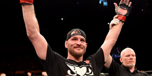 ADELAIDE, AUSTRALIA - MAY 10: Stipe Miocic celebrates his TKO victory over Mark Hunt in their heavyweight bout during the UFC Fight Night event at the Adelaide Entertainment Centre on May 10, 2015 in Adelaide, Australia. (Photo by Josh Hedges/Zuffa LLC/Zuffa LLC via Getty Images)