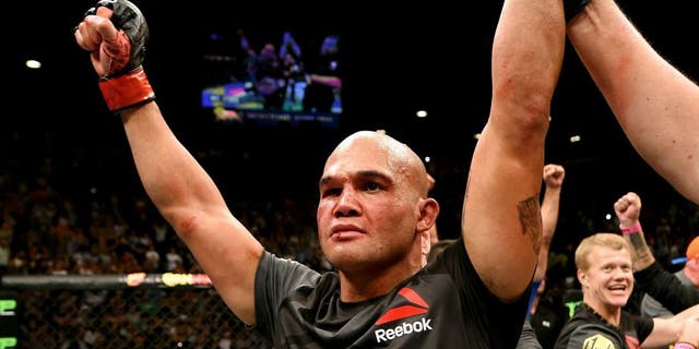 LAS VEGAS, NV - JULY 11: Robbie Lawler reacts to his victory over Rory MacDonald in their UFC welterweight title fight during the UFC 189 event inside MGM Grand Garden Arena on July 11, 2015 in Las Vegas, Nevada. (Photo by Josh Hedges/Zuffa LLC/Zuffa LLC via Getty Images)