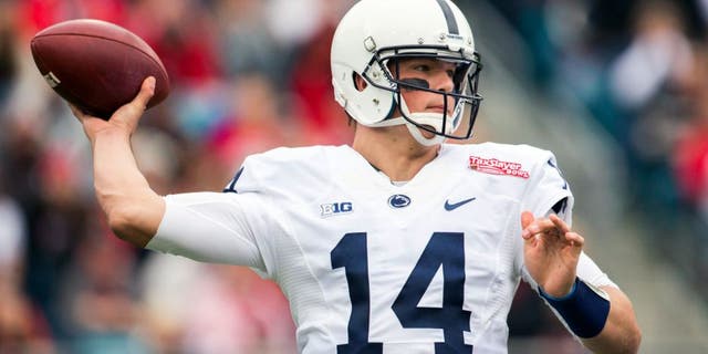 Jan 2, 2016; Jacksonville, FL, USA; Penn State Nittany Lions quarterback Christian Hackenberg (14) throws a pass during the first quarter against the Georgia Bulldogs at EverBank Field. Mandatory Credit: Logan Bowles-USA TODAY Sports