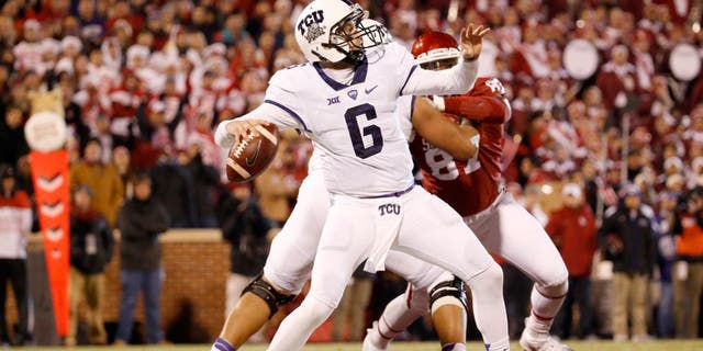 Nov 21, 2015; Norman, OK, USA; TCU Horned Frogs quarterback Bram Kohlhausen (6) throws during the game against the Oklahoma Sooners at Gaylord Family - Oklahoma Memorial Stadium. Mandatory Credit: Kevin Jairaj-USA TODAY Sports