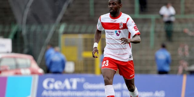 ERFURT, GERMANY - APRIL 11: Steve Gohouri of Erfurt during the Third League match between FC Rot Weiss Erfurt and Hallescher FC at Steigerwaldstadion on April 11, 2015 in Erfurt, Germany. (Photo by Karina Hessland/Bongarts/Getty Images)