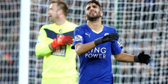 LEICESTER, ENGLAND - JANUARY 02 : Riyad Mahrez of Leicester shows his frustration during the Barclays Premier League match between Leicester City and Bournemouth at the King Power Stadium on January 2, 2016 in Leicester, United Kingdom. (Photo by Plumb Images/Leicester City FC via Getty Images)