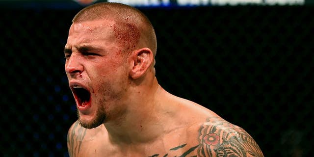 LAS VEGAS, NV - JANUARY 02: Dustin Poirier reacts to his victory over Joe Duffy of Ireland in their lightweight bout during the UFC 195 event inside MGM Grand Garden Arena on January 2, 2016 in Las Vegas, Nevada. (Photo by Josh Hedges/Zuffa LLC/Zuffa LLC via Getty Images)