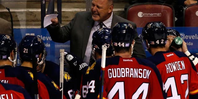 Nov 10, 2015; Sunrise, FL, USA; Florida Panthers head coach Gerard Gallant talks to the team in the third period of a game against the Calgary Flames at BB&amp;T Center. The Panthers won 4-3. Mandatory Credit: Robert Mayer-USA TODAY Sports