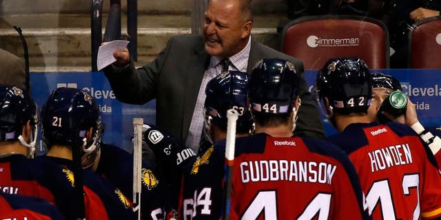 Nov 10, 2015; Sunrise, FL, USA; Florida Panthers head coach Gerard Gallant talks to the team in the third period of a game against the Calgary Flames at BB&T Center. The Panthers won 4-3. Mandatory Credit: Robert Mayer-USA TODAY Sports