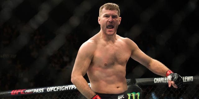 LAS VEGAS, NV - JANUARY 02: Stipe Miocic celebrates his knockout victory over Andrei Arlovski in their heavyweight fight during the UFC 195 event inside MGM Grand Garden Arena on January 2, 2016 in Las Vegas, Nevada. (Photo by Brandon Magnus/Zuffa LLC/Zuffa LLC via Getty Images)