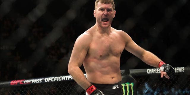 LAS VEGAS, NV - JANUARY 02: Stipe Miocic celebrates his knockout victory over Andrei Arlovski in their heavyweight fight during the UFC 195 event inside MGM Grand Garden Arena on January 2, 2016 in Las Vegas, Nevada. (Photo by Brandon Magnus/Zuffa LLC/Zuffa LLC via Getty Images)