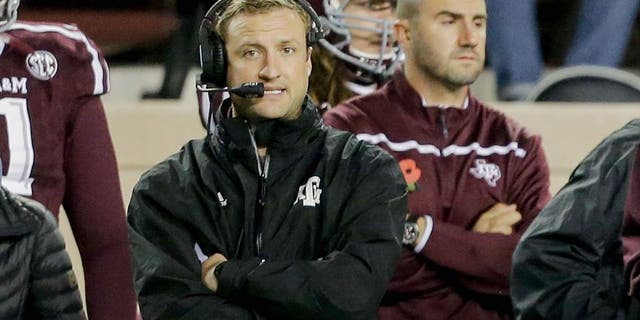 COLLEGE STATION, TX - NOVEMBER 07: Texas A&M Aggies offensive coordinator Jake Spavital at Kyle Field on November 7, 2015 in College Station, Texas. (Photo by Bob Levey/Getty Images)