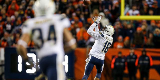 DENVER, CO - JANUARY 3: Wide receiver Tyrell Williams #16 of the San Diego Chargers catches a pass for an 80-yard touchdown against the Denver Broncos in the fourth quarter of a game at Sports Authority Field at Mile High on January 3, 2016 in Denver, Colorado. The catch was the first of Williams' NFL career. (Photo by Justin Edmonds/Getty Images)