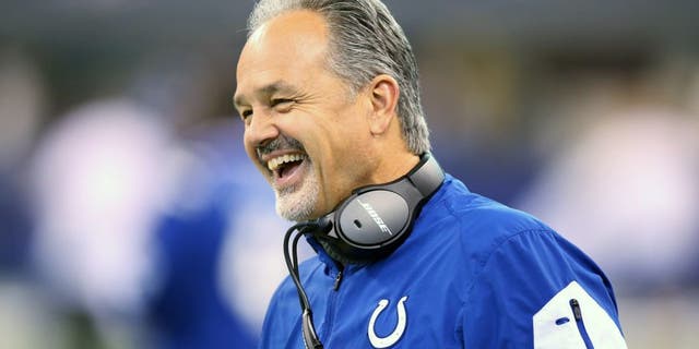 INDIANAPOLIS, IN - JANUARY 03: Head coach Chuck Pagano of the Indianapolis Colts laughs during the game against the Tennessee Titans at Lucas Oil Stadium on January 3, 2016 in Indianapolis, Indiana. (Photo by Andy Lyons/Getty Images)