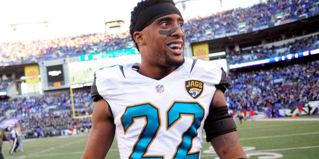 Nov 15, 2015; Baltimore, MD, USA; Jacksonville Jaguars cornerback Aaron Colvin (22) reacts after beating the Baltimore Ravens 22-20 at M&T Bank Stadium. Mandatory Credit: Evan Habeeb-USA TODAY Sports