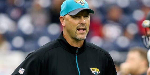 Jan 3, 2016; Houston, TX, USA; Jacksonville Jaguars head coach Gus Bradley looks on from the field prior to the game against the Houston Texans at NRG Stadium. Mandatory Credit: Troy Taormina-USA TODAY Sports
