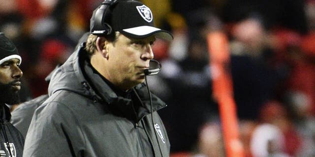 Jan 3, 2016; Kansas City, MO, USA; Oakland Raiders head coach Jack Del Rio watches against the Kansas City Chiefs in the second half at Arrowhead Stadium. Kansas City won the game 23-17. Mandatory Credit: John Rieger-USA TODAY Sports