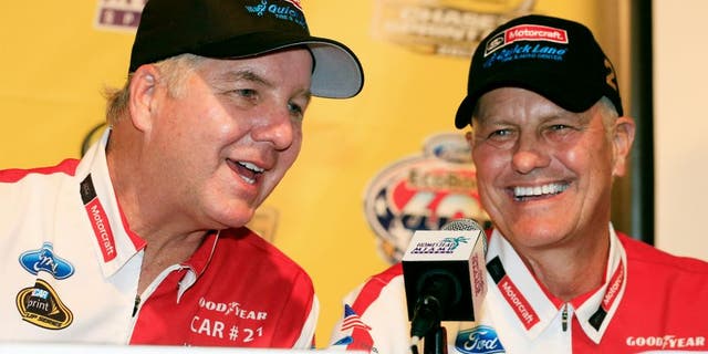 HOMESTEAD, FL - NOVEMBER 20: Len and Eddie Wood attend a press conference at Homestead-Miami Speedway on November 20, 2015 in Homestead, Florida. (Photo by Chris Trotman/NASCAR via Getty Images)