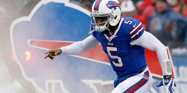 Dec 27, 2015; Orchard Park, NY, USA; Buffalo Bills quarterback Tyrod Taylor (5) before a game against the Dallas Cowboys at Ralph Wilson Stadium. Mandatory Credit: Timothy T. Ludwig-USA TODAY Sports
