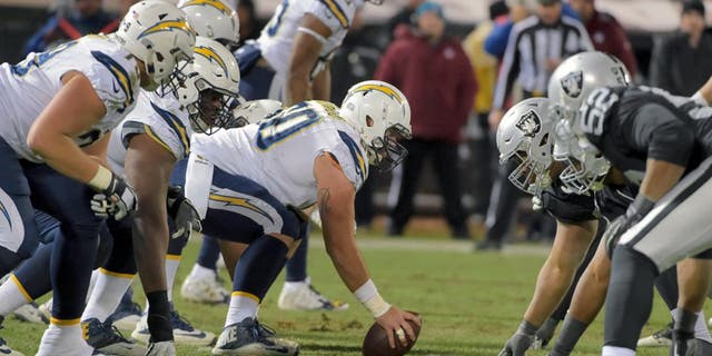 Dec 24, 2015; Oakland, CA, USA; General view of the line of scrimmage as San Diego Chargers center Trevor Robinson (60) prepares to snap the ball against the Oakland Raiders during an NFL football game at O.co Coliseum. The Raiders defeated the Chargers 23-20 in overtime. Mandatory Credit: Kirby Lee-USA TODAY Sports