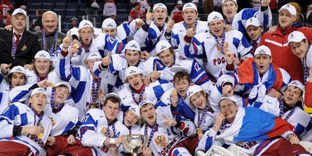 Jan. 5: Members of Team Russia pose for a group photo with their gold medal following their 5-3 victory over Team Canada in the IIHF World Junior Championship gold medal final hockey action in Buffalo, N.Y.