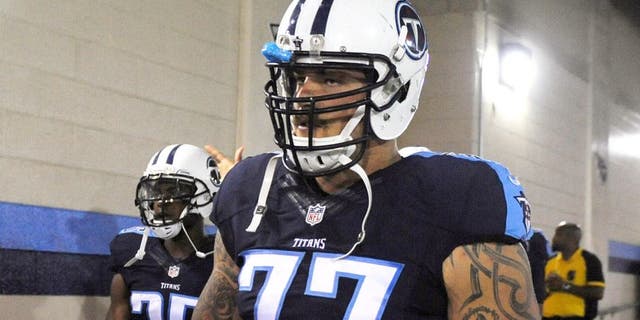 Sep 3, 2015; Nashville, TN, USA; Tennessee Titans offensive tackle Taylor Lewan (77) prior to the game against the Minnesota Vikings at Nissan Stadium. Mandatory Credit: Christopher Hanewinckel-USA TODAY Sports