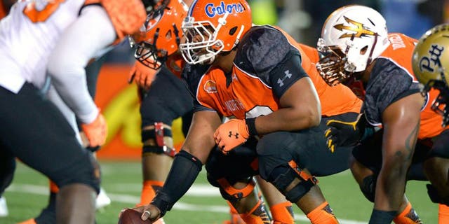 Jan 24, 2015; Mobile, AL, USA; North squad offensive center Max Garcia of Florida (66) waits to snap the ball against the South squad in the fourth quarter of the Senior Bowl at Ladd-Peebles Stadium. The North won, 34-13. Mandatory Credit: Glenn Andrews-USA TODAY Sports
