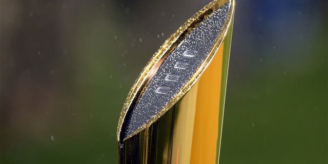 Nov 14, 2015; Waco, TX, USA; A general view of the College Football Playoff National Championship Trophy during the game between the Baylor Bears and the Oklahoma Sooners at McLane Stadium. Oklahoma won 44-34. Mandatory Credit: Joe Camporeale-USA TODAY Sports