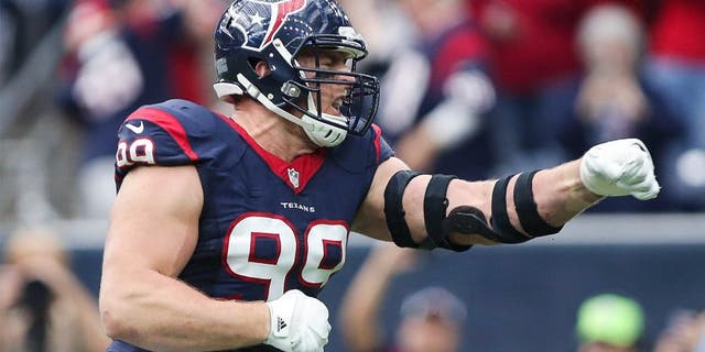 Jan 3, 2016; Houston, TX, USA; Houston Texans defensive end J.J. Watt (99) celebrates after a sack during the first quarter against the Jacksonville Jaguars at NRG Stadium. Mandatory Credit: Troy Taormina-USA TODAY Sports