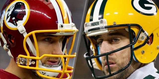 ARLINGTON, TX - JANUARY 03: Kirk Cousins #8 of the Washington Redskins looks on before the Redskins take on the Dallas Cowboys at AT&T Stadium on January 3, 2016 in Arlington, Texas. (Photo by Ronald Martinez/Getty Images) GREEN BAY, WI - JANUARY 03: Aaron Rodgers #12 of the Green Bay Packers looks on prior to the game against the Minnesota Vikings at Lambeau Field on January 3, 2016 in Green Bay, Wisconsin. (Photo by Jon Durr/Getty Images)