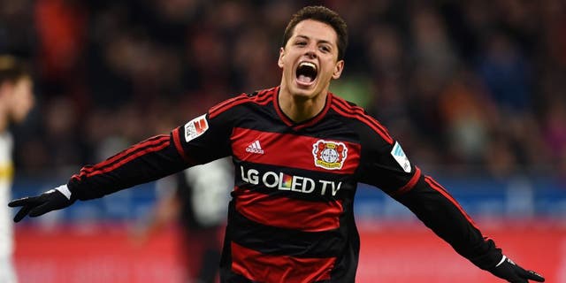 Leverkusen's Mexican striker Javier Hernandez celebrates after scoring during the German first division Bundesliga football match Bayer 04 Leverkusen vs Borussia Moenchengladbach in Leverkusen, western Germany, on December 12, 2015. AFP PHOTO / PATRIK STOLLARZ RESTRICTIONS: DURING MATCH TIME: DFL RULES TO LIMIT THE ONLINE USAGE TO 15 PICTURES PER MATCH AND FORBID IMAGE SEQUENCES TO SIMULATE VIDEO. == RESTRICTED TO EDITORIAL USE == FOR FURTHER QUERIES PLEASE CONTACT DFL DIRECTLY AT + 49 69 650050. / AFP / PATRIK STOLLARZ (Photo credit should read PATRIK STOLLARZ/AFP/Getty Images)