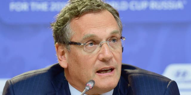 SAINT PETERSBURG, RUSSIA - JULY 24: FIFA Secretary-General Jerome Valcke speaks during a philatelic programme launch press conference ahead of the preliminary draw of the 2018 FIFA World Cup in Russia at Konstantin Palace on July 24, 2015 in Saint Petersburg, Russia. (Photo by Shaun Botterill/Getty Images)