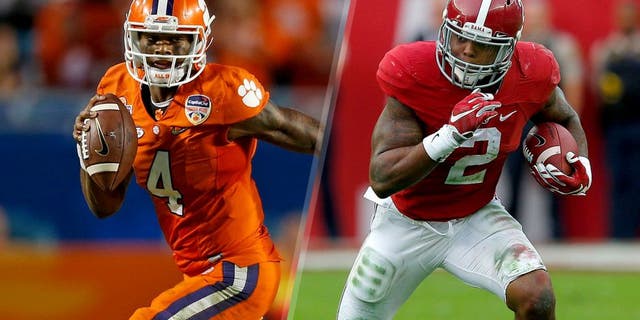 MIAMI GARDENS, FL - DECEMBER 31: Deshaun Watson #4 of the Clemson Tigers runs with the ball against the Oklahoma Sooners during the 2015 Capital One Orange Bowl at Sun Life Stadium on December 29, 2015 in Miami Gardens, Florida. Clemson defeated Oklahoma 37-17. (Photo by Joel Auerbach/Getty Images) TUSCALOOSA, AL - NOVEMBER 21: Derrick Henry #2 of the Alabama Crimson Tide rushes against the Charleston Southern Buccaneers at Bryant-Denny Stadium on November 21, 2015 in Tuscaloosa, Alabama. (Photo by Kevin C. Cox/Getty Images)