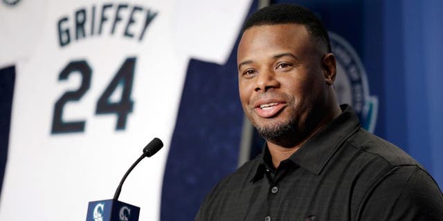 Ken Griffey Jr. speaks at a news conference Friday, Jan. 8, 2016, in Seattle. Griffey's Hall of Fame whirlwind came back to where it all started, when he spoke at Safeco Field, the stadium built in part because of him. (AP Photo/Elaine Thompson)