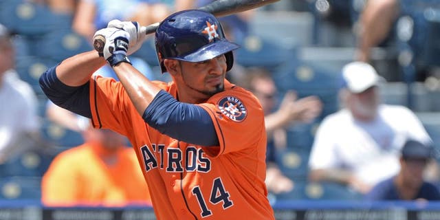 May 28, 2014; Kansas City, MO, USA; Houston Astros first basemen Jesus Guzman (14) at bat against the Kansas City Royals during the first inning at Kauffman Stadium. Mandatory Credit: Peter G. Aiken-USA TODAY Sports