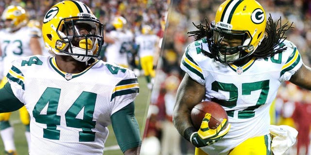 Jan 10, 2016; Landover, MD, USA; Green Bay Packers running back Eddie Lacy (27) carries the ball against the Washington Redskins during the second half in a NFC Wild Card playoff football game at FedEx Field. Mandatory Credit: Brad Mills-USA TODAY Sports Jan 10, 2016; Landover, MD, USA; Green Bay Packers running back James Starks (44) celebrates after scoring a touchdown against the Washington Redskins during the second half in a NFC Wild Card playoff football game at FedEx Field. Mandatory Credit: Geoff Burke-USA TODAY Sports