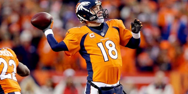 Peyton Manning #18 of the Denver Broncos passes against the Indianapolis Colts during a 2015 AFC Divisional Playoff game at Sports Authority Field at Mile High on January 11, 2015 in Denver, Colorado. (Photo by Ezra Shaw/Getty Images)