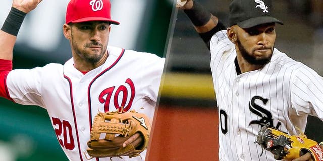 L - WASHINGTON, DC - SEPTEMBER 27: Ian Desmond #20 of the Washington Nationals makes a throw during a game against the Philadelphia Phillies at Nationals Park on September 27, 2015 in Washington, DC. (Photo by Patrick McDermott/Washington Nationals/Getty Images) R - CHICAGO, IL - SEPTEMBER 29: Alexei Ramirez #10 of the Chicago White Sox throws to first base for the out against the Kansas City Royals during the third inning at U.S. Cellular Field on September 29, 2015 in Chicago, Illinois. (Photo by Jon Durr/Getty Images)